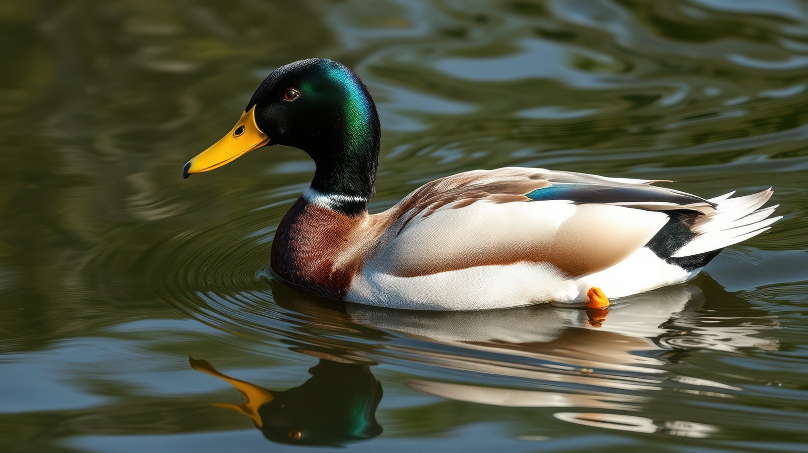 Mallard duck swimming gracefully in a tranquil pond reflecting its colors during a sunny day